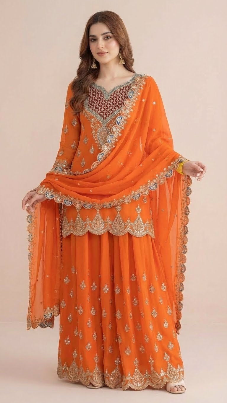 Vibrant Orange Chinon Readymade Suit Set with Handwork Embroidery