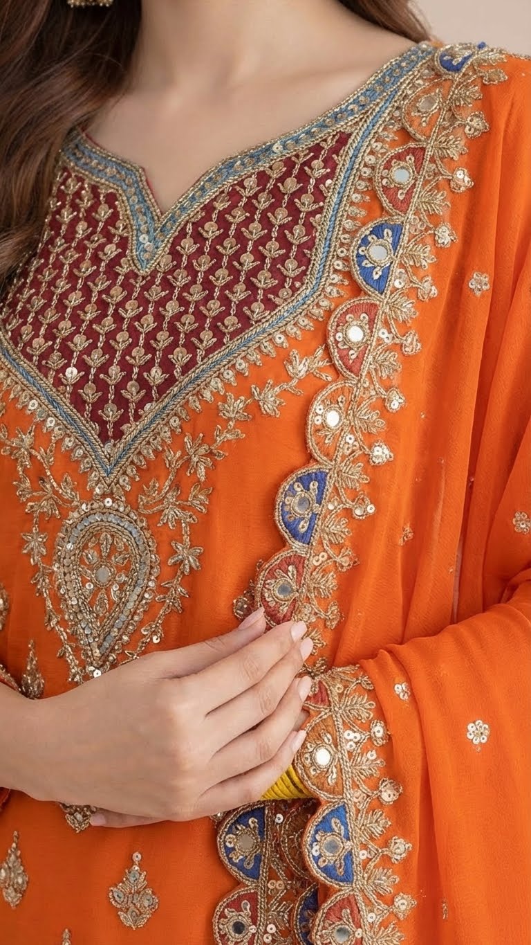 Vibrant Orange Chinon Readymade Suit Set with Handwork Embroidery
