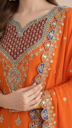Vibrant Orange Chinon Readymade Suit Set with Handwork Embroidery