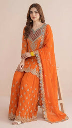 Vibrant Orange Chinon Readymade Suit Set with Handwork Embroidery