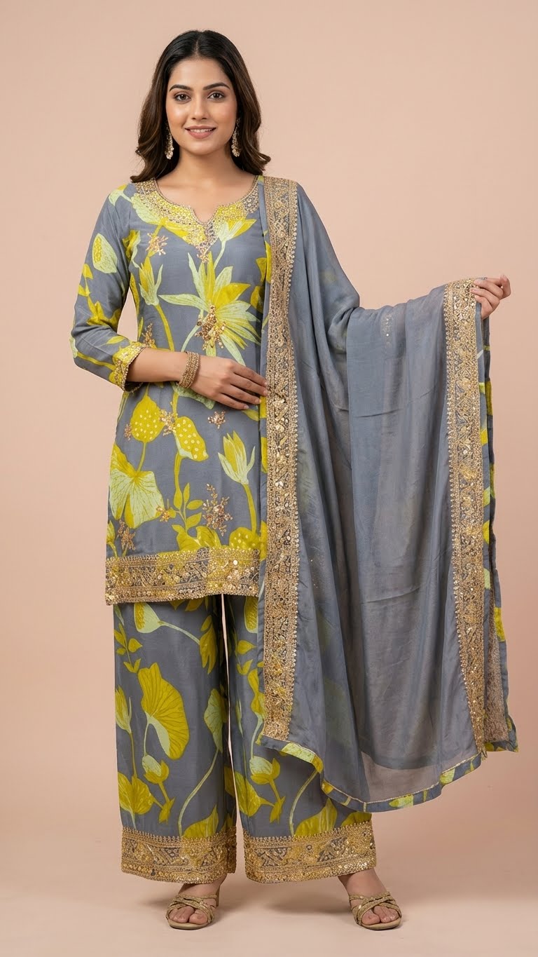 Steel Grey Floral Chinon Readymade Suit Set