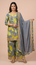 Steel Grey Floral Chinon Readymade Suit Set