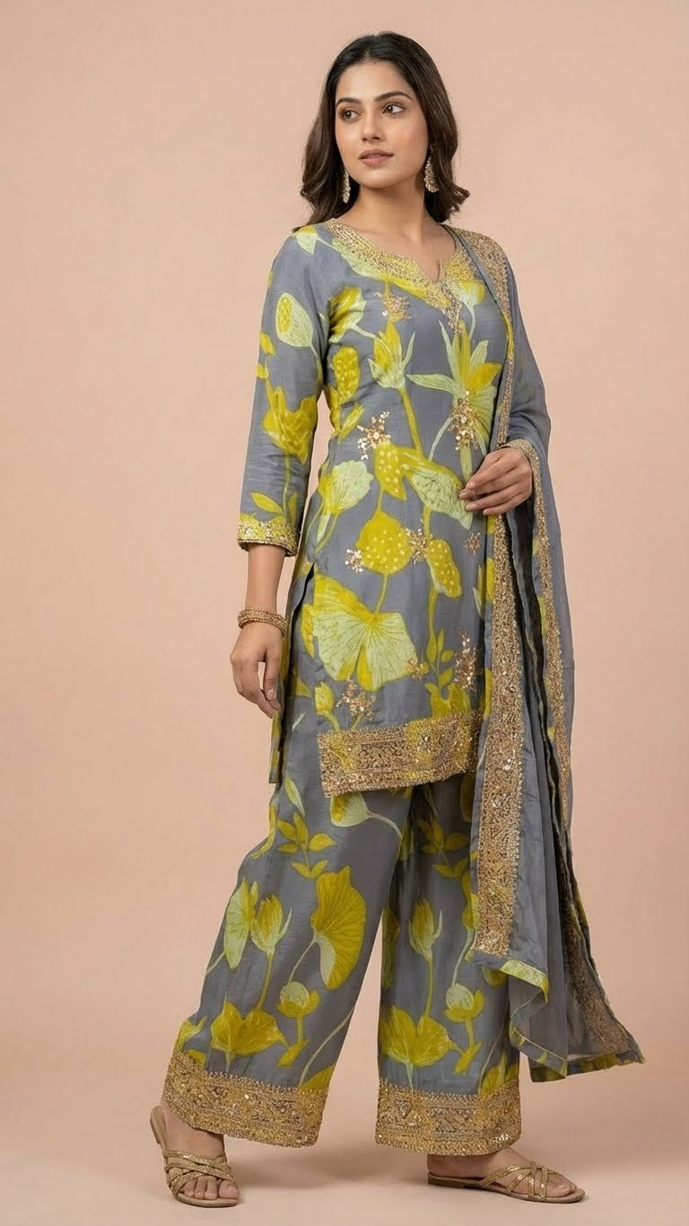 Steel Grey Floral Chinon Readymade Suit Set