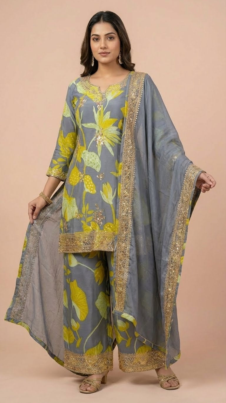 Steel Grey Floral Chinon Readymade Suit Set