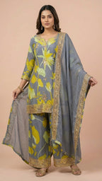 Steel Grey Floral Chinon Readymade Suit Set