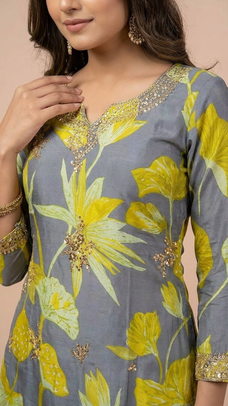 Steel Grey Floral Chinon Readymade Suit Set