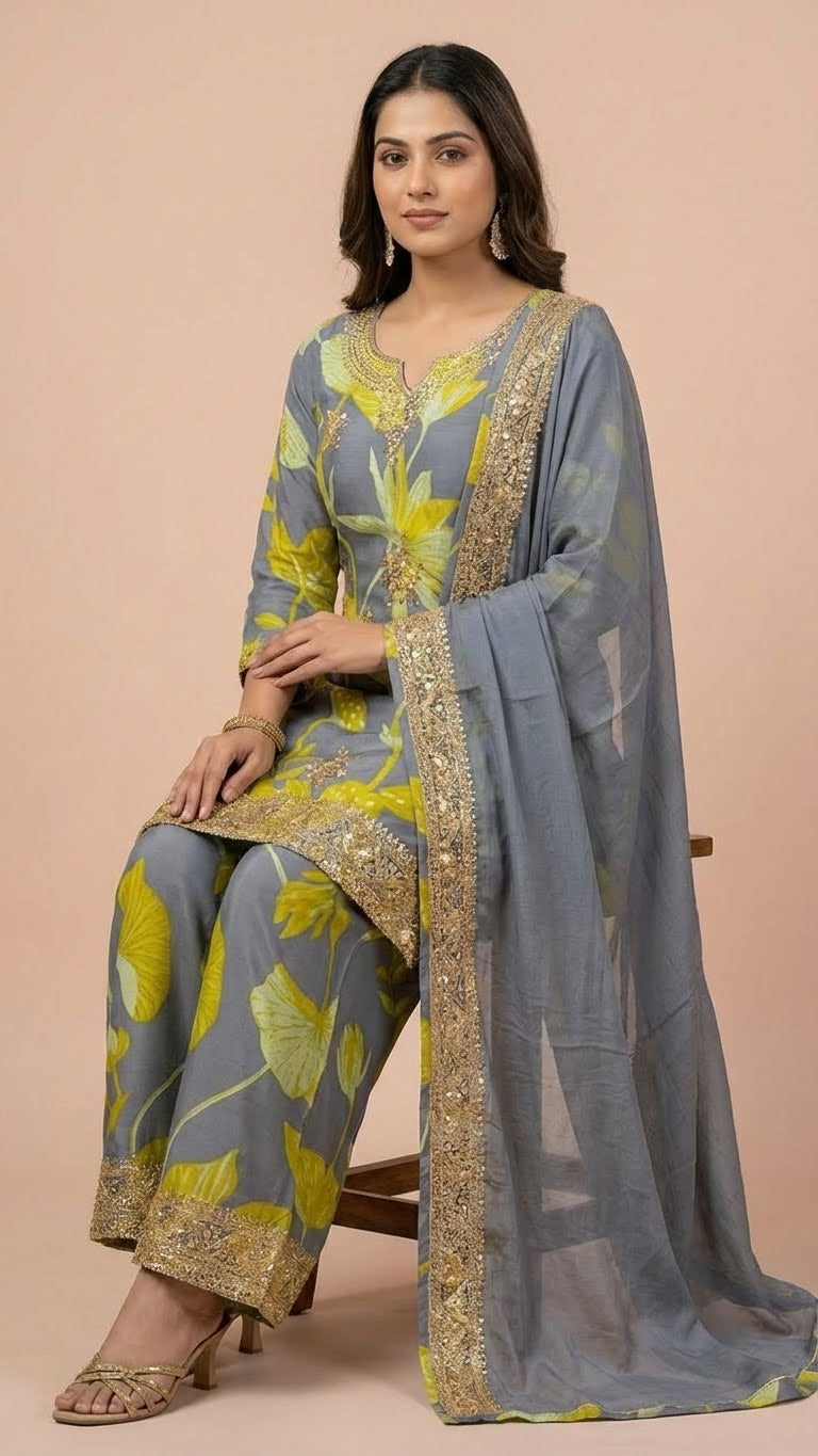 Steel Grey Floral Chinon Readymade Suit Set