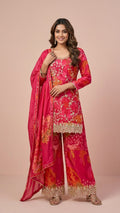Hot Pink Floral Chinon Readymade Suit Set