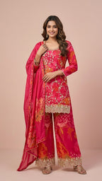 Hot Pink Floral Chinon Readymade Suit Set