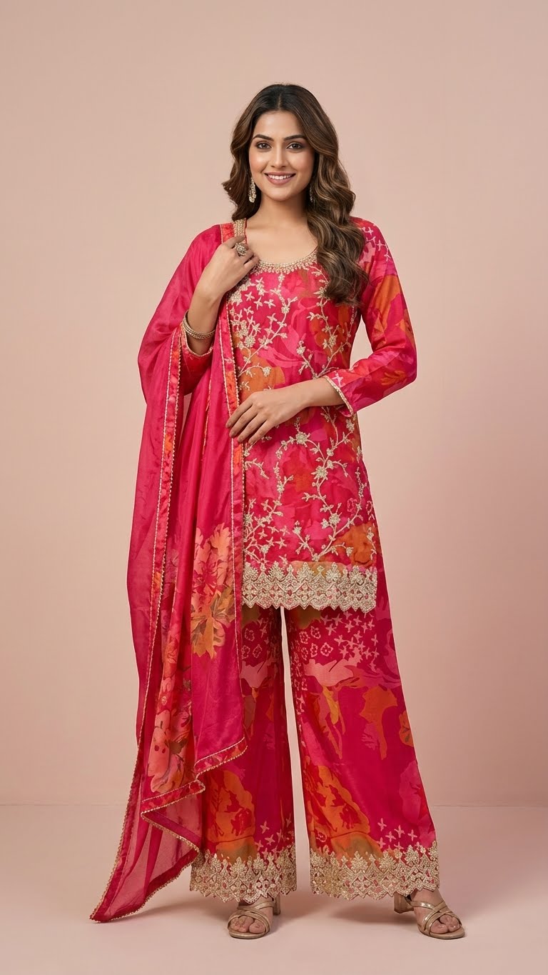 Hot Pink Floral Chinon Readymade Suit Set