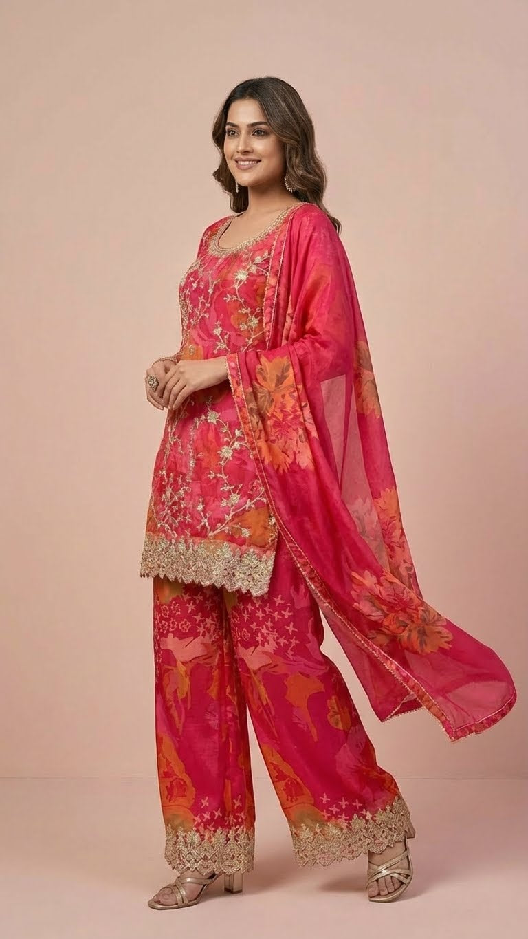 Hot Pink Floral Chinon Readymade Suit Set