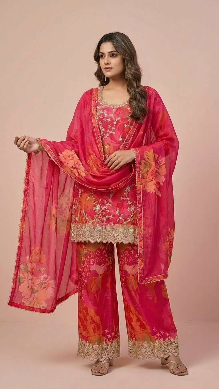 Hot Pink Floral Chinon Readymade Suit Set