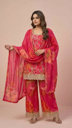Hot Pink Floral Chinon Readymade Suit Set