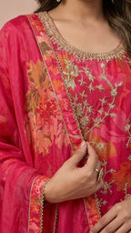 Hot Pink Floral Chinon Readymade Suit Set