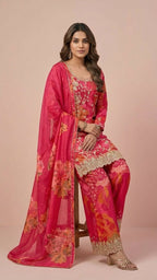 Hot Pink Floral Chinon Readymade Suit Set