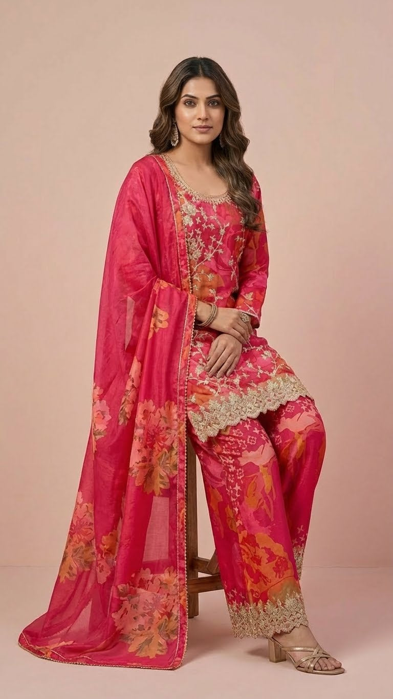 Hot Pink Floral Chinon Readymade Suit Set