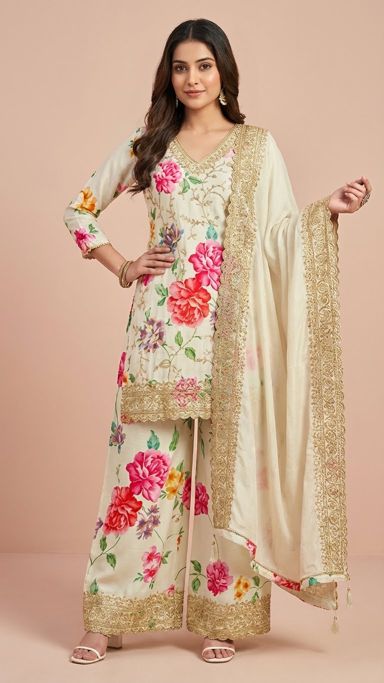 Off-White Floral Chinon Readymade Suit Set