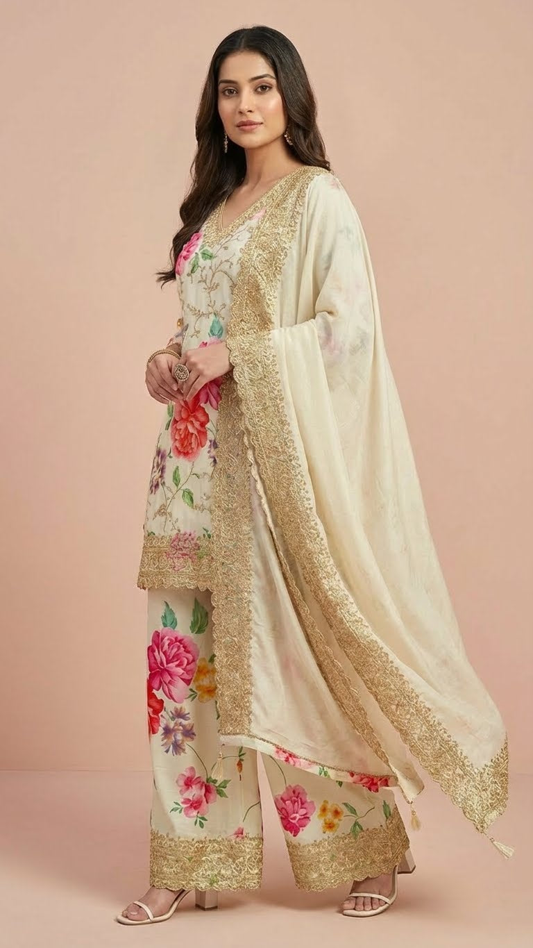 Off-White Floral Chinon Readymade Suit Set