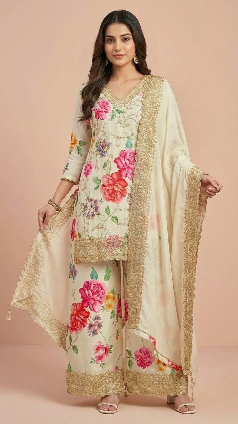 Off-White Floral Chinon Readymade Suit Set