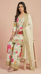 Off-White Floral Chinon Readymade Suit Set