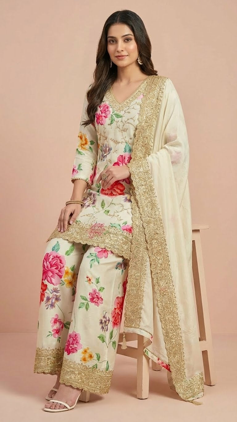 Off-White Floral Chinon Readymade Suit Set