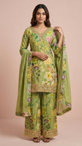 Olive Green Floral Chinon Readymade Suit Set