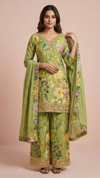Olive Green Floral Chinon Readymade Suit Set
