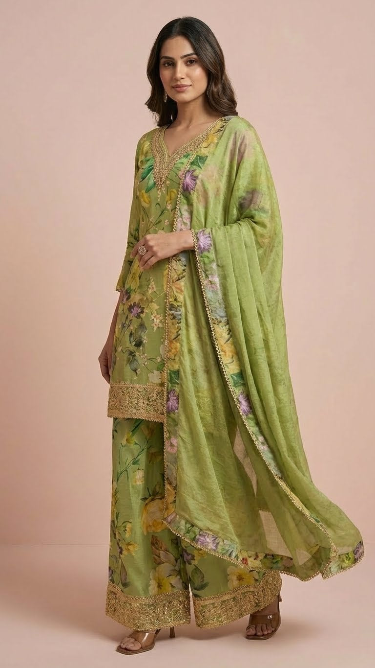 Olive Green Floral Chinon Readymade Suit Set