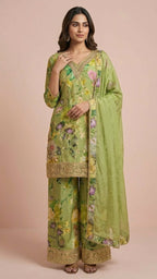 Olive Green Floral Chinon Readymade Suit Set