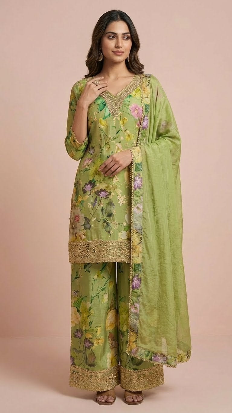 Olive Green Floral Chinon Readymade Suit Set