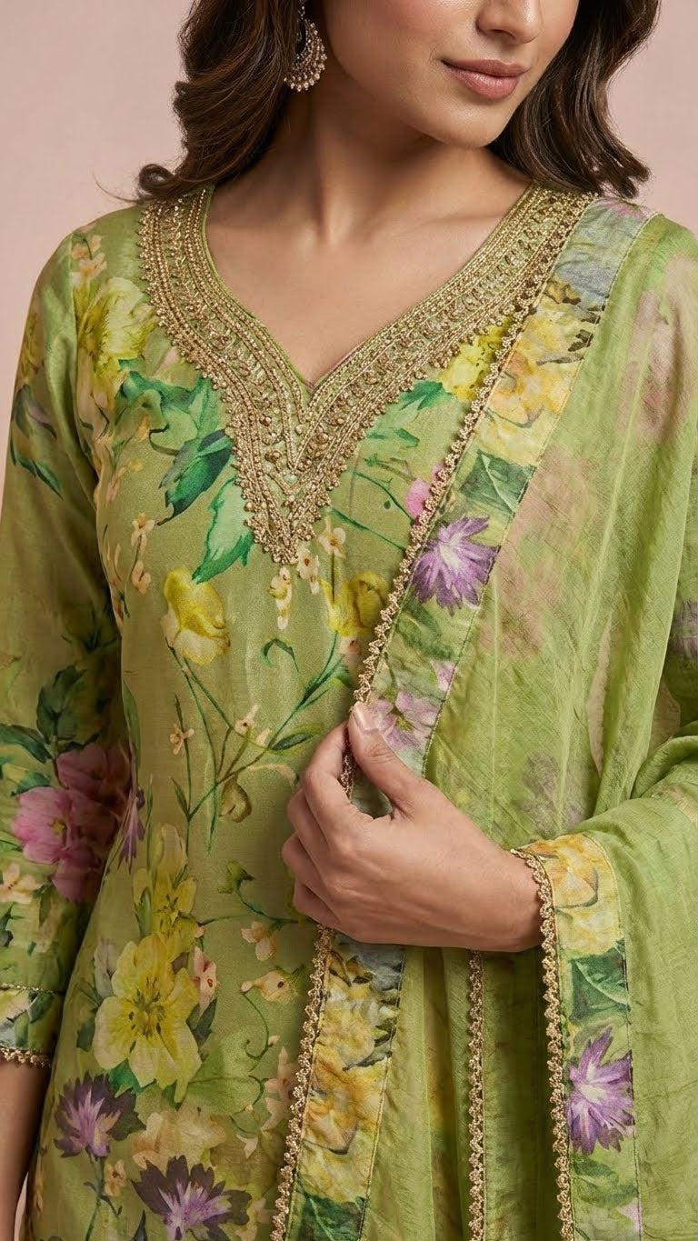 Olive Green Floral Chinon Readymade Suit Set