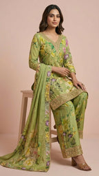 Olive Green Floral Chinon Readymade Suit Set