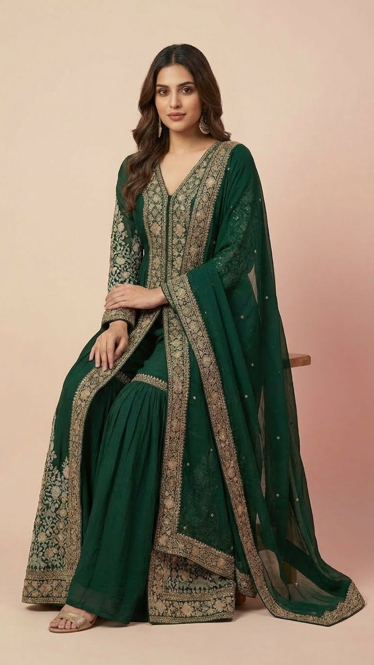 Emerald Green Designer Chinon Suit Set