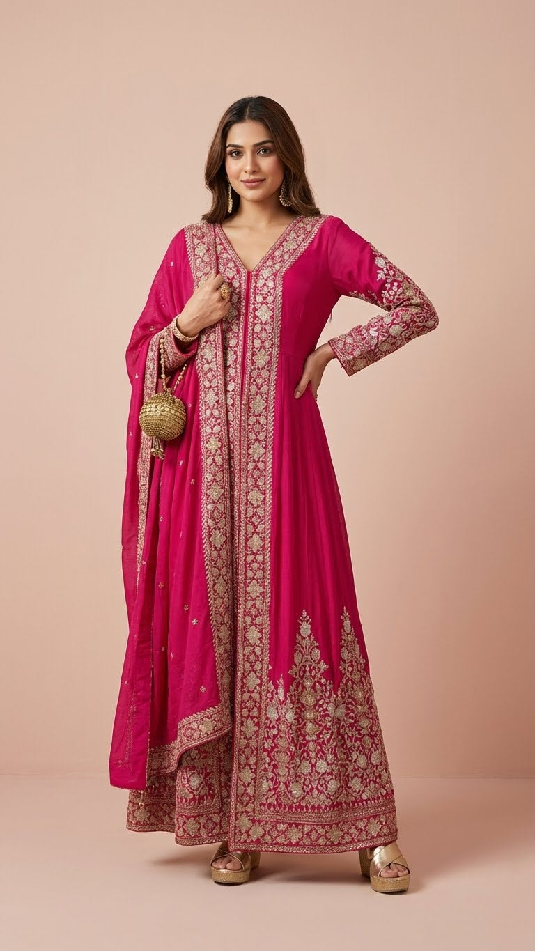 Hot Pink Designer Chinon Suit Set