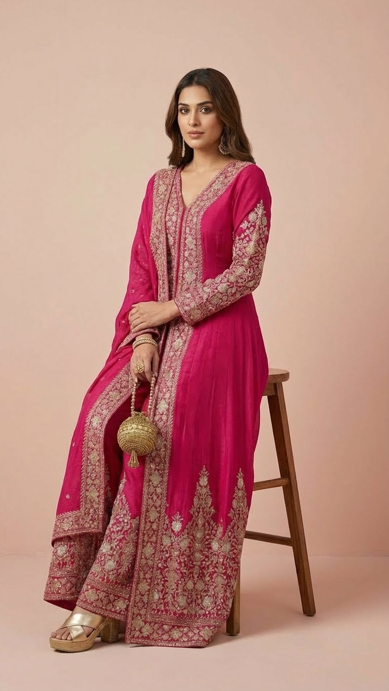 Hot Pink Designer Chinon Suit Set