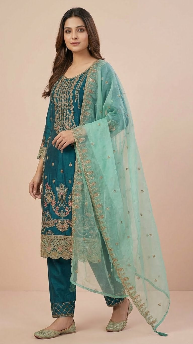 Dark Turquoise Organza Pant Style Suit Set
