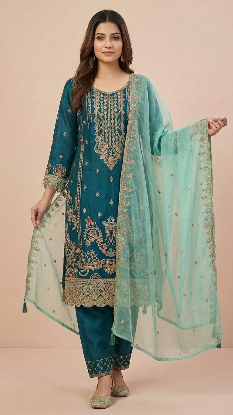 Dark Turquoise Organza Pant Style Suit Set