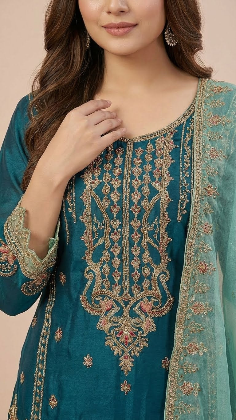 Dark Turquoise Organza Pant Style Suit Set