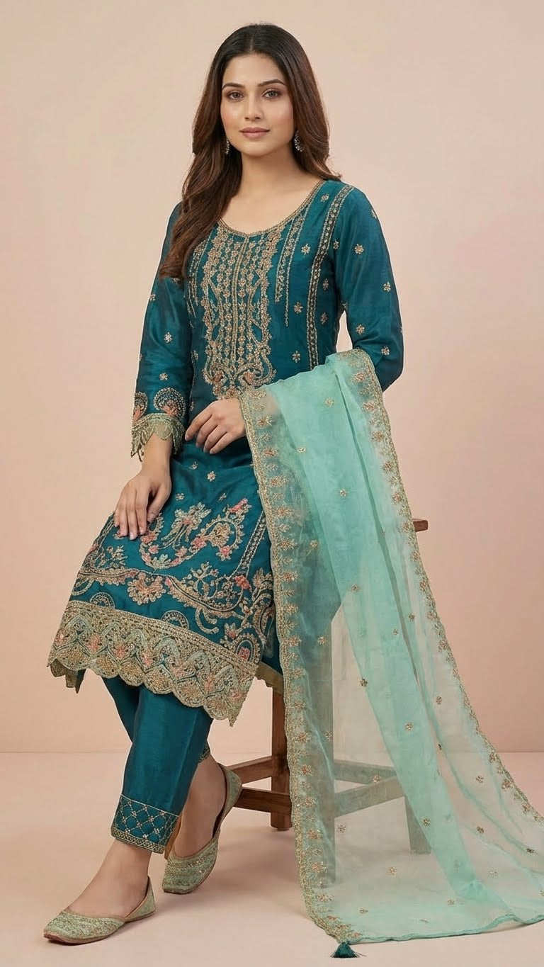 Dark Turquoise Organza Pant Style Suit Set