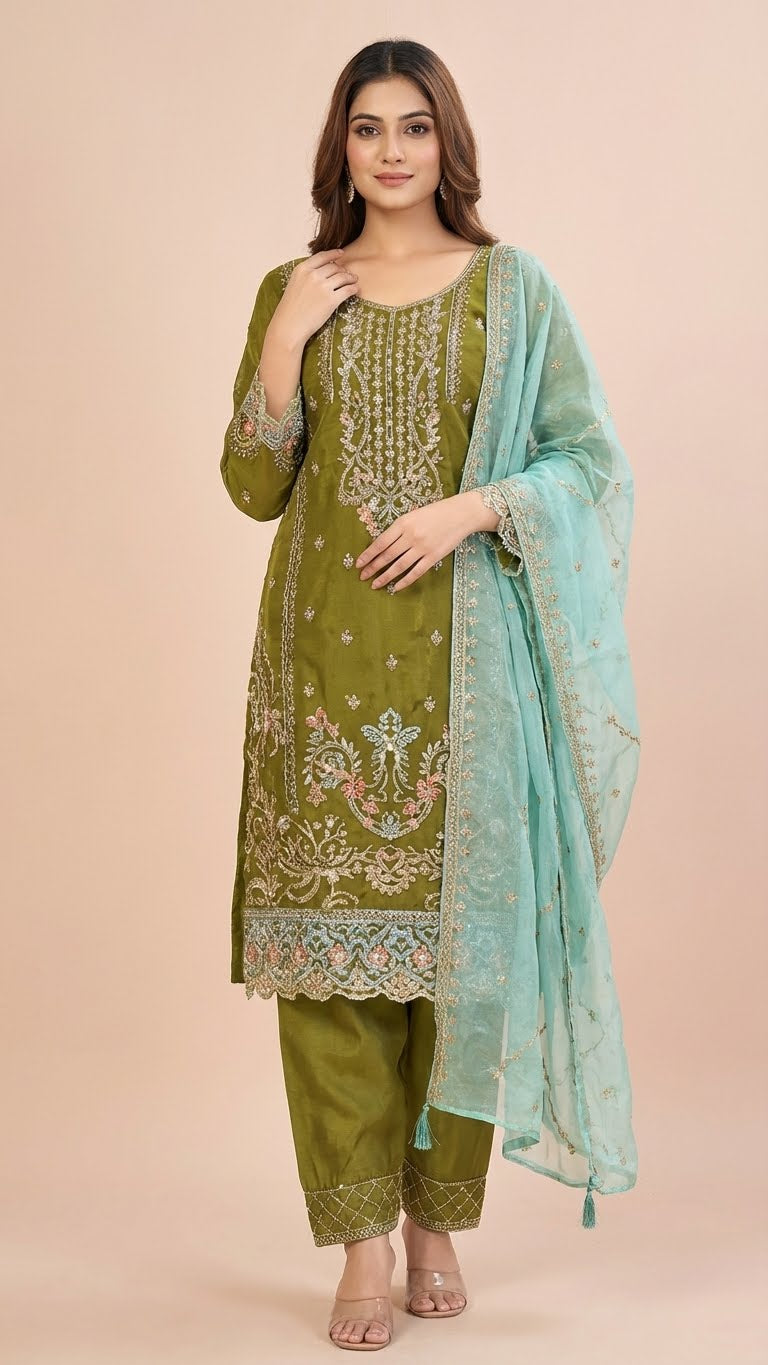 Olive Green Organza Pant Style Suit Set