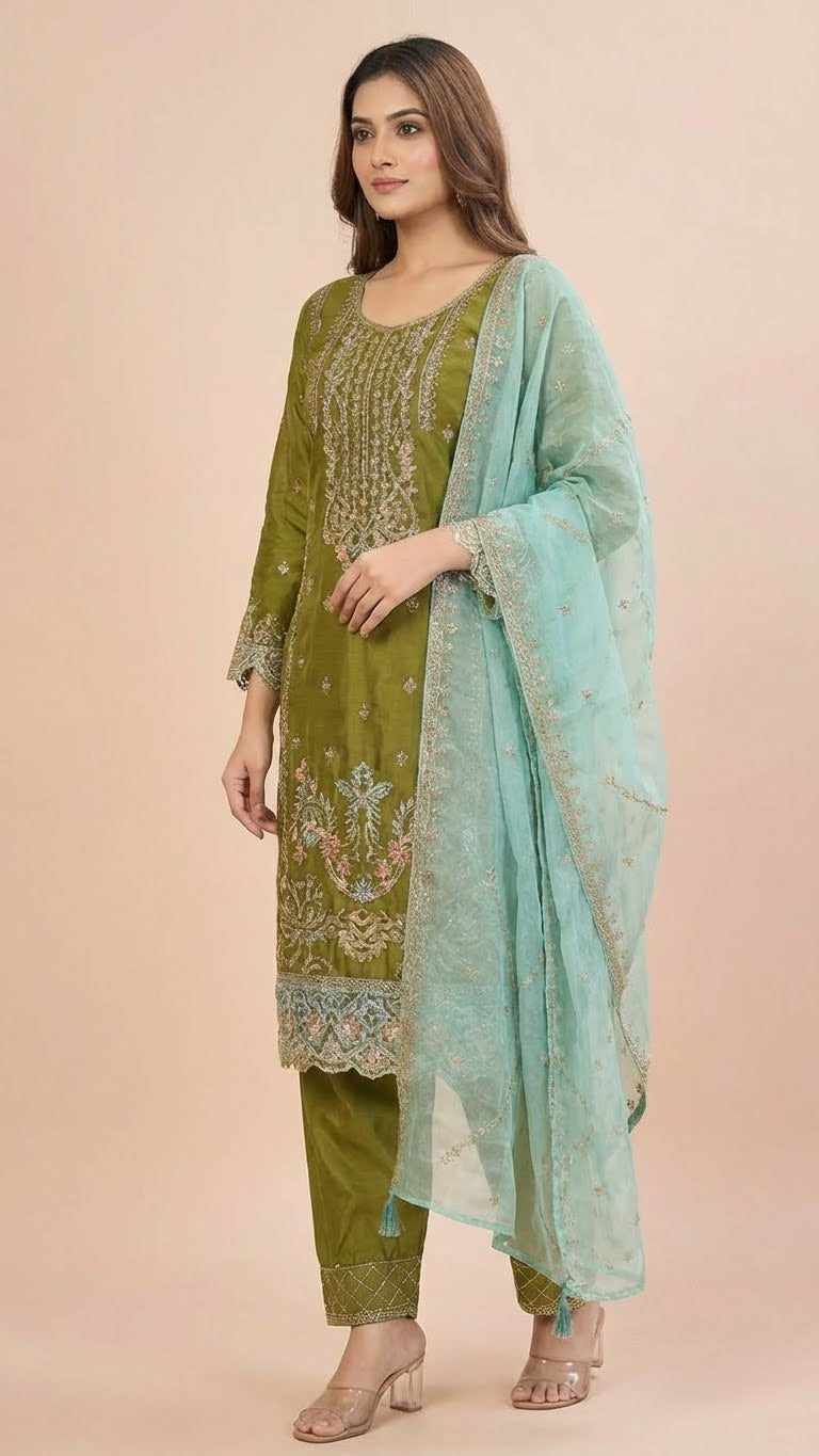 Olive Green Organza Pant Style Suit Set