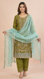 Olive Green Organza Pant Style Suit Set