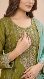 Olive Green Organza Pant Style Suit Set