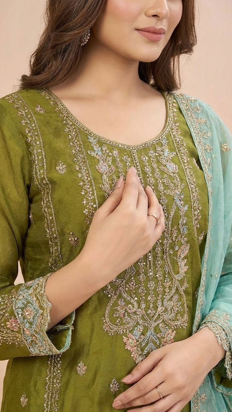 Olive Green Organza Pant Style Suit Set