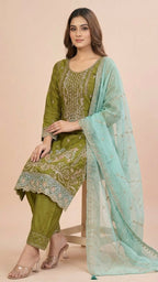 Olive Green Organza Pant Style Suit Set