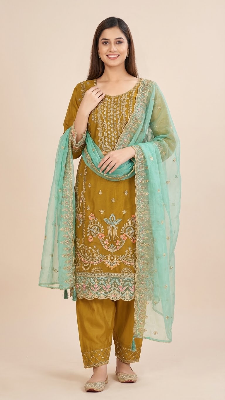 Mustard Yellow Organza Pant Style Suit Set