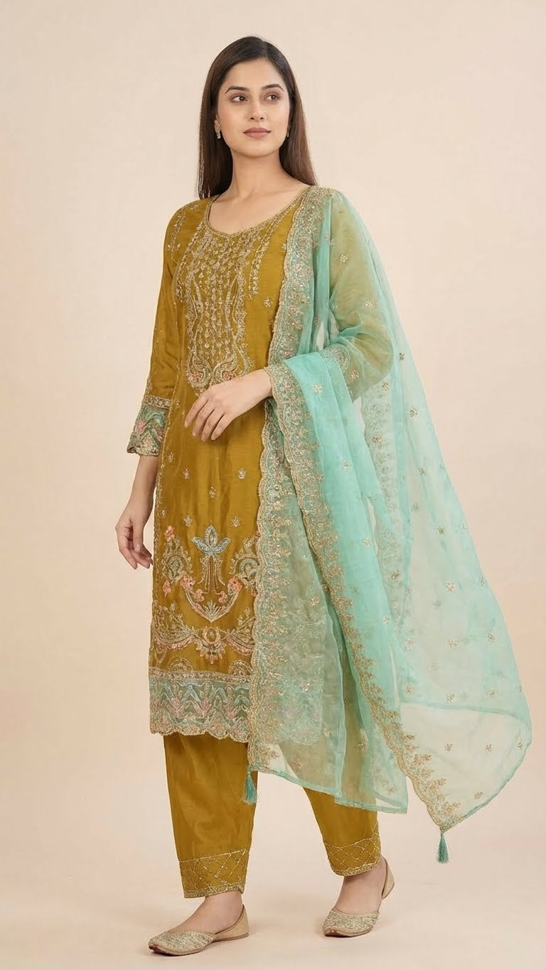 Mustard Yellow Organza Pant Style Suit Set