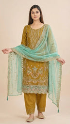 Mustard Yellow Organza Pant Style Suit Set