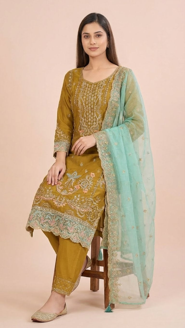 Mustard Yellow Organza Pant Style Suit Set