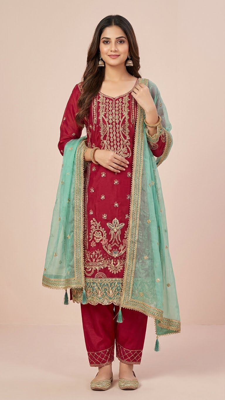 Maroon Organza Pant Style Suit Set